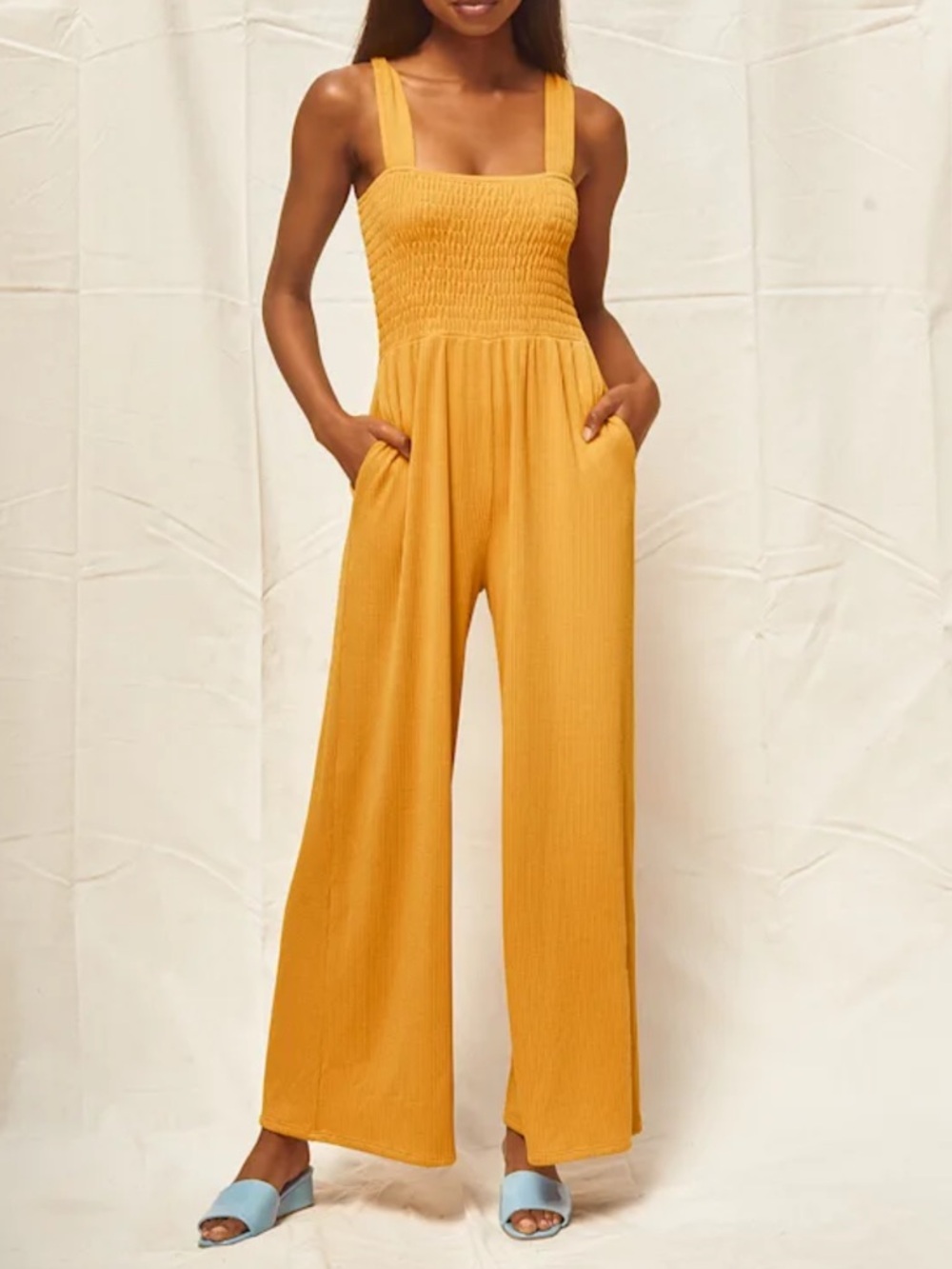Social Calendar Mustard Wide-Leg Smocked Jumpsuit